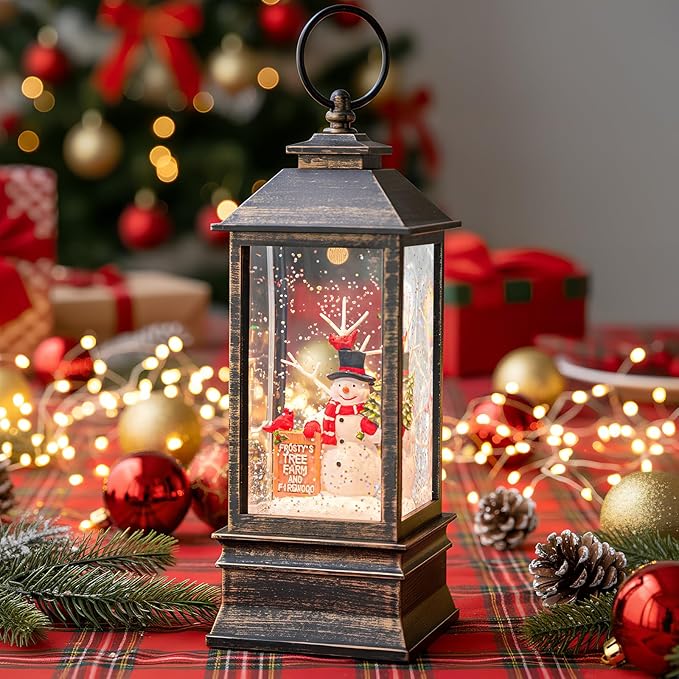 10'' Frosty's Tree Farm Snowman Musical Lighted Snow Globe Water Lantern with Swirling Glitter Decoration for Christmas Home, Living Room, Battery Operated or USB Powered