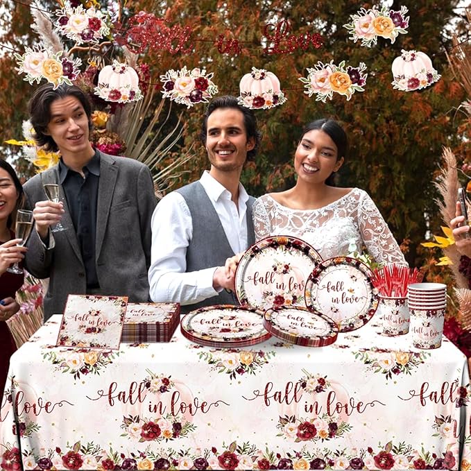 Fall In Love Bridal Shower Decoration,142pcs Fall Wine Disposable Dinnerware Autumn Plates and Napkins Floral Pumpkin Tablecloth for Fall Theme Wedding Bridal Shower Supplies