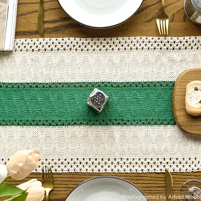 Artoid Mode Dark Green Farmhouse Rustic Table Runner, Seasonal Holiday Hollow Kitchen Dining Table Decoration for Home Party Decor 12x36 Inch