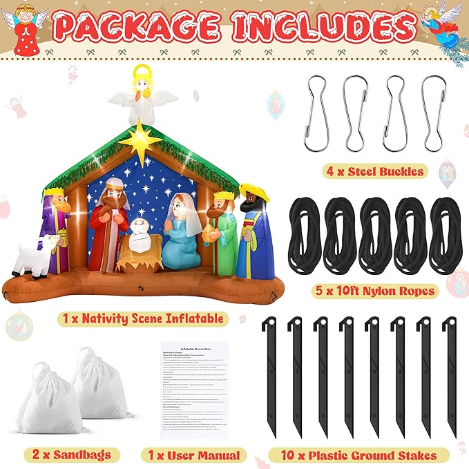10FT Christmas Inflatables Decor, Blow Up Christmas Nativity Scene, LED Lighted The Birth of Jesus Scene Inflatables Decor, Outdoor Inflatable Decorations for Xmas Yard Lawn Patio