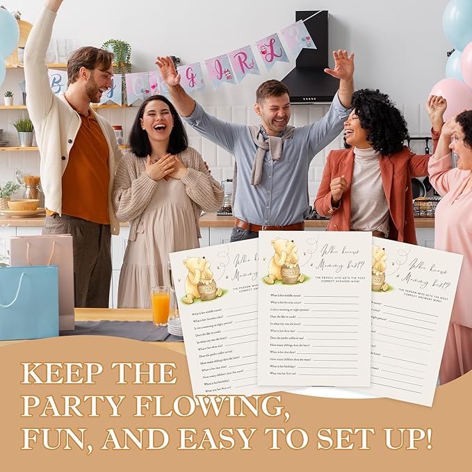 Winnie Baby Shower Games, Who Knows Mommy Best Baby Shower Game Cards, Baby Shower Decorations, Baby Shower Party Games Supplies & Activities, Set of 30 Cards