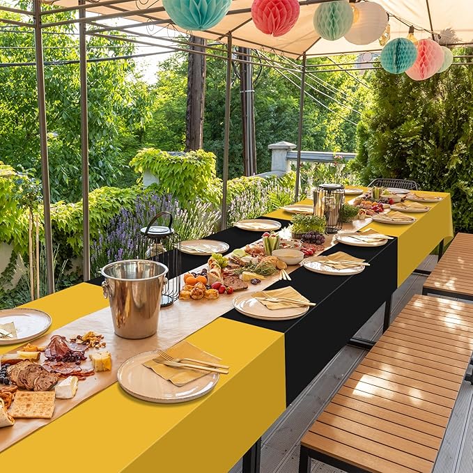 12 Pcs Black and Gold Plastic Tablecloths Bulk,54 x 108 Inch Disposable Rectangle Party Table Cloth Waterproof Table Cover for Birthday Wedding Anniversary Graduation Party Decorations Supplies