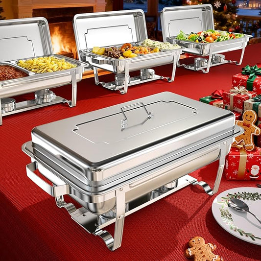 sifer Chafing Dishes for Buffet 4 Pack, 9 Qt Stainless Steel Chafing Dish Buffet Set with Folding Frame, Food Warmers for Parties, Catering Supplies, Weddings, and Christmas Buffets