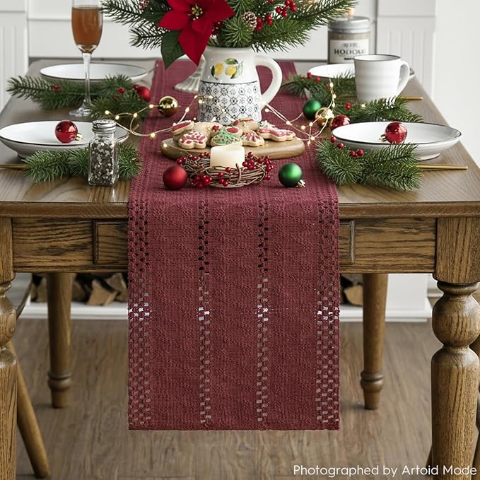 Artoid Mode Red Farmhouse Woven Rustic Hollow Table Runner, Seasonal Holiday Hollow Kitchen Dining Table Decoration for Home Party Decor 12x108 Inch