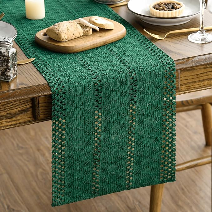 Artoid Mode Dark Green Farmhouse Woven Rustic Hollow Table Runner, Seasonal Holiday Hollow Kitchen Dining Table Decoration for Home Party Decor 12x120 Inch