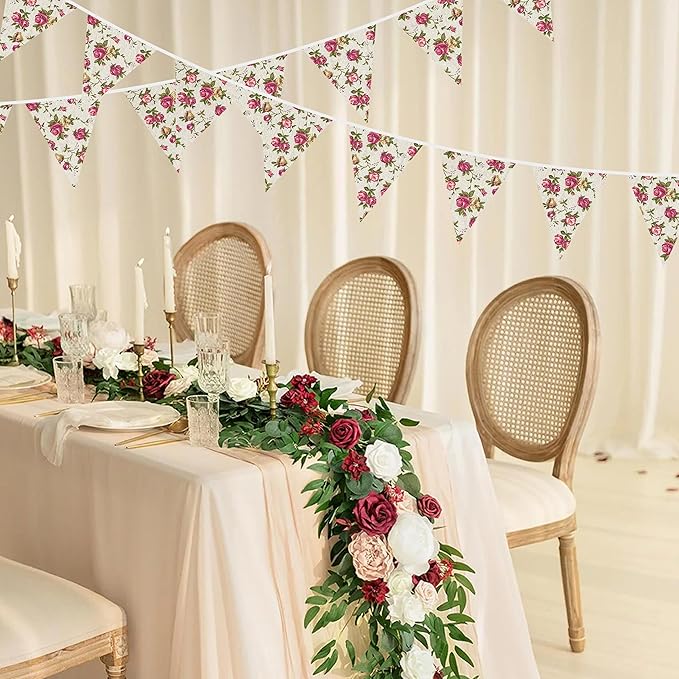 46Ft Vintage Floral Burlap Banner Flower Burlap Triangle Pennant Flag Linen Bunting Garland Streamers for Rustic Birthday Boho Wedding Baby Shower Engagement Camping Spring Easter Party Decorations
