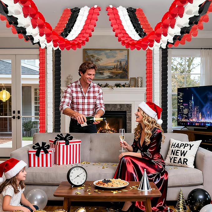12Pcs Black White Red Party Decorations, Hanging Black White and Red Paper Streamers Garland for Graduation Birthday Baby Shower Wedding Casino Night Christmas New Years Eve Party Backdrop Décor