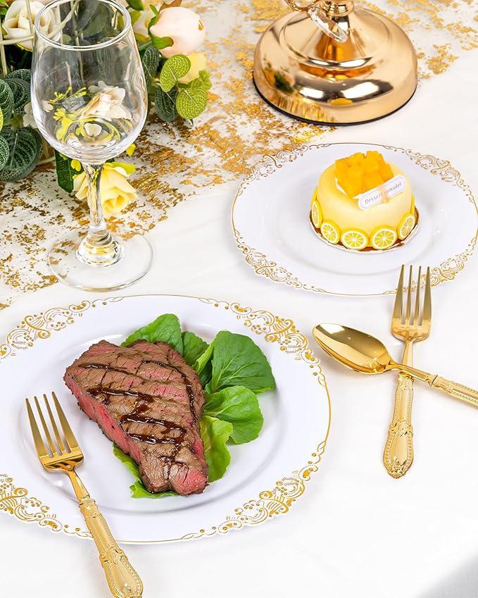 Nervure 150PCS Gold Plastic Silverware - Heavy Duty Disposable Cutlery Set, Luxury Gold Plastic Utensils include 50Pcs Forks, 50Pcs Spoons, 50pcs Knives Perfect for Wedding, Party, Daily Use