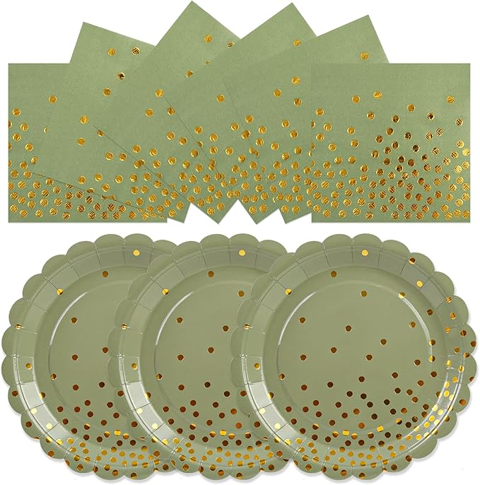 50pcs Sage Green Paper Plates and Napkins Set, 7Inch Sage Green and Gold Dot Disposable Party Plates Set for Baby Shower Birthday Wedding Christmas Party Supplies and Decorations