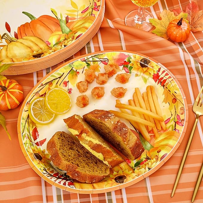 Homlouue 12x10 Oval Fall Paper Plates, 50PCS Fall Leaves Pumpkins Plate, Heavy Duty Thanksgiving Plates, Large Thanksgiving Paper Plate Disposable for Autumn Theme Party Decoration Serve 50 Guests