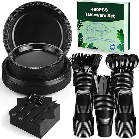 480 Pieces Black Plastic Dinnerware Set for 60 Guests Disposable Party Plates Napkins Cups and Silverware Dessert Dinner Plates for Halloween Birthday Wedding Party Supplies