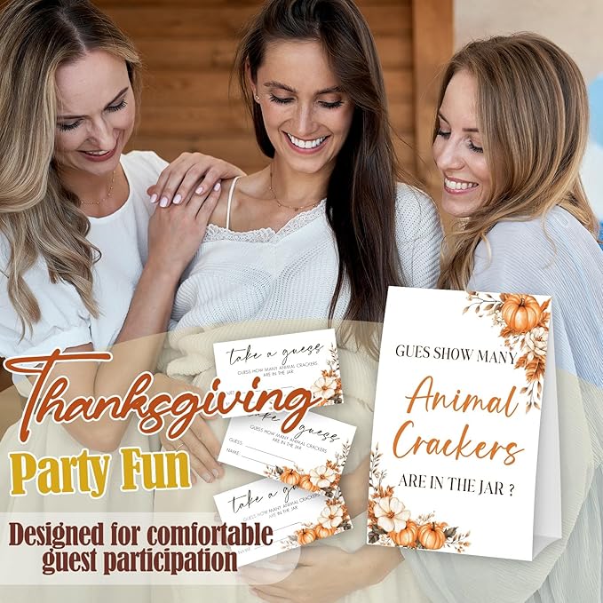 Autumn Pumpkin Guess How Many Animal Crackers - Thanksgiving Baby Shower Card Set (1 Sign With 50 Guess Cards), Fall Gender Reveal Party Favor Supplies -A05