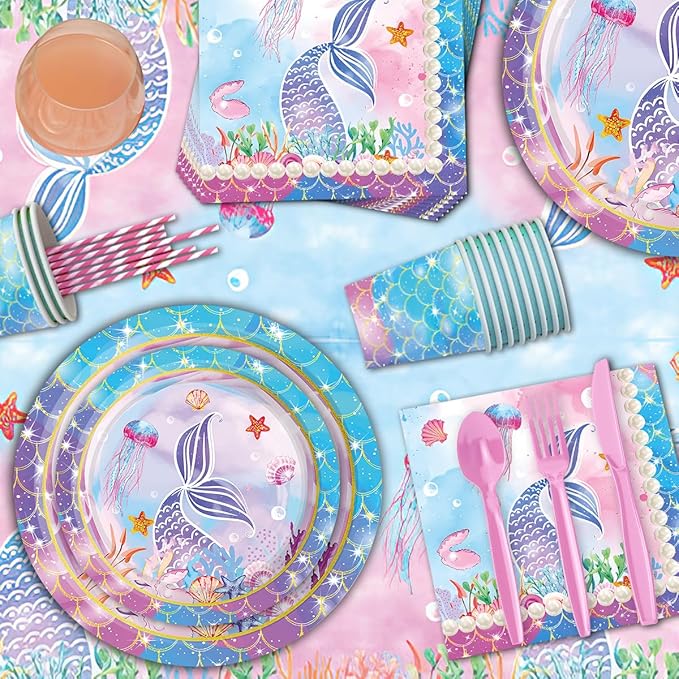 Mermaid Party Supplies Plates and Napkins Sets,Mermaid Birthday Decorations Disposable Plates for Baby Shower, Mermaids Theme Tableware with Cups, Tablecloth, Birthday Banner for Kids Girls, Serve 24