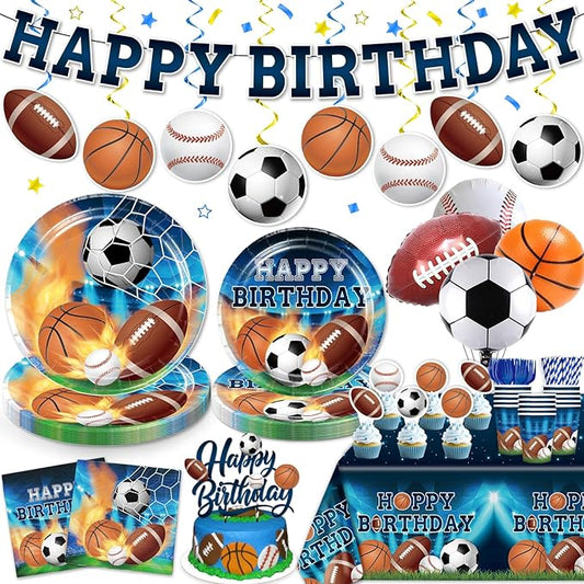 186Pcs Sports Birthday Party Decorations- Amp Up Your Sports Themed Party for 25 Guests. Includes Banner, Plates, Tablecloth, Cupcake Toppers and Aluminum Balloons for Boy Birthday Party Decorations