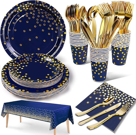141 Pieces Navy Blue Gold Party Supplies, Disposable Party Decorations Sets Include Paper Plates Napkins Cups, Plastic Forks Knives Spoons, for Baby Shower Birthday Wedding -20 Guests