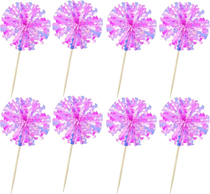 Ephlyn 30Pcs Foil Firework Cupcake Toppers Happy Birthday Cake Toppers Tinsel Flower Drink Stirrers Cocktail Food Fruit Toothpicks for Valentine's Day Party Decorations Rose Red