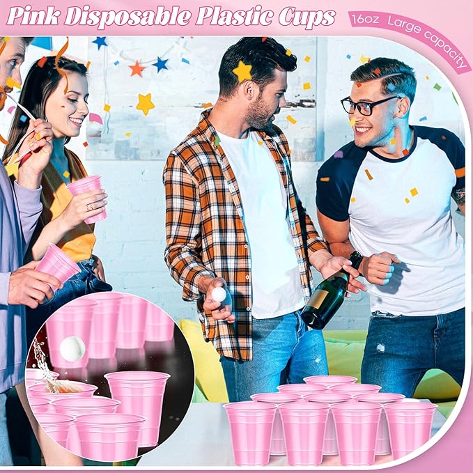 Dualshine 100 Pack Pink Plastic Cups 16 oz, Disposable Cups for Party, Heavy Duty Drinking Cups, Graduation Shot Cup for Wedding Birthday Beer Taste Serving Snack Sample Tastings Barbecues Picnic