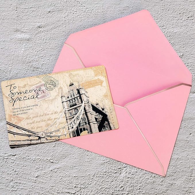 100 Pack A7 Envelopes 5 x 7 Card Envelopes V Flap with Gold Border for Office, Wedding Gift Cards, Invitations, Graduation, Baby Shower, Parties (Pink, 5.32 x 7.28 Inches)