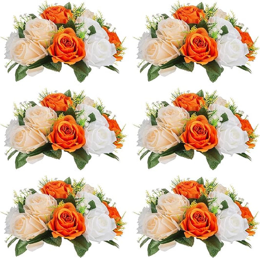 NUPTIO Flower Ball Arrangement Bouquet - 6 Pcs 9.5 inch Diameter Orange Fake Flowers Roses Balls for Centerpieces Tables - Artificial Rose Arrangements for Wedding Centerpiece Table Decorations