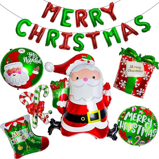 Christmas Decorations Balloons, Merry Christmas Banner Santa Red & Green Candy Cane Foil Balloons for Party Decorations