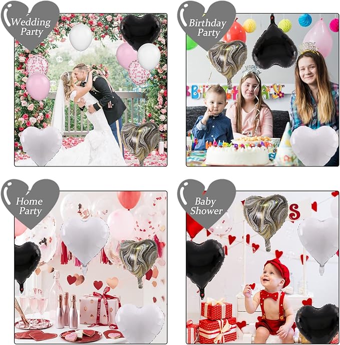Black White Foil Heart Balloons, 10PCS Black White Agate Heart Shape Balloons, Valentines Balloons 18inch Black Foil Balloon for Helium Valentine Decorations for Wedding, Baby Shower, Anniversary