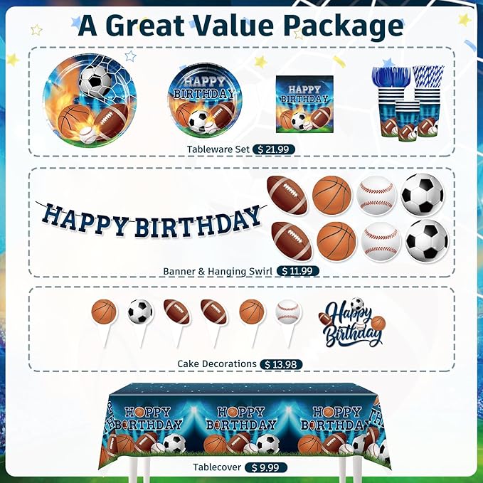186Pcs Sports Birthday Party Decorations- Amp Up Your Sports Themed Party for 25 Guests. Includes Banner, Plates, Tablecloth, Cupcake Toppers and Aluminum Balloons for Boy Birthday Party Decorations