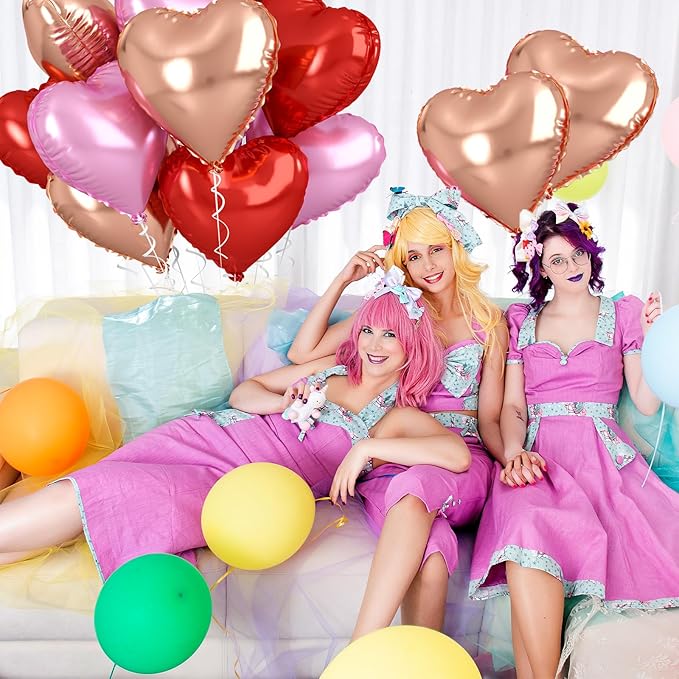 Rose Gold & Pink Heart Balloons - 10 Pcs 18 Inch Foil Heart Shaped Balloons for Girls Women - Red Light - Valentines Day, Birthday, Wedding, Baby Shower, Bridal Party Decorations