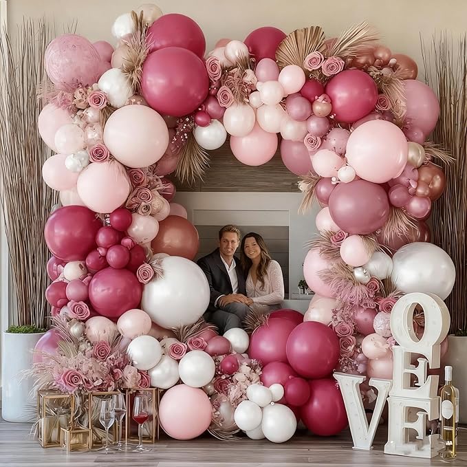 Dusty Rose Balloon Garland Double Stuffed Dusty Pink Mauve Balloons Light Pink Pearl White Cream Boho Balloon Arch Kit for Girls Women Birthday Baby Shower Bridal Engagement Party Decorations