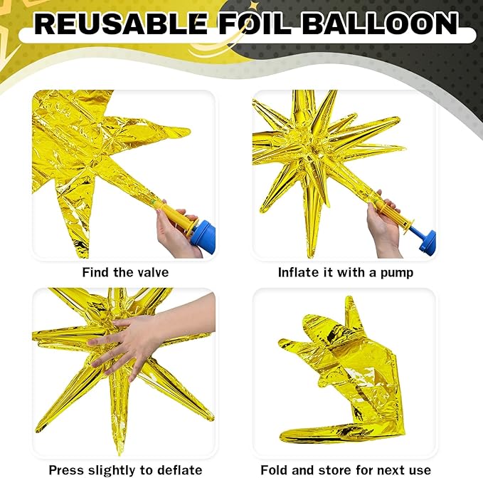 6PCS Black Gold Star Balloons, 22Inch Large Star Balloon Foil Balloons Spike Cone Balloon for Graduation Retirement Birthday New Year Party Decoration