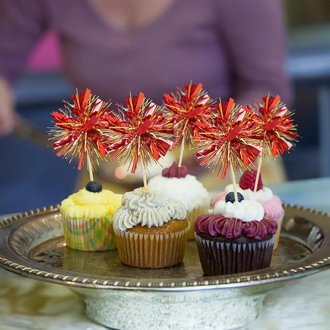 Gyufise 20Pcs Foil Firework Cupcake Toppers Sparkle Tinsel Cake Toppers Tinsel Drink Cake Decoration Cocktail Picks for Birthday Wedding Graduation Party Supplies Gold Red