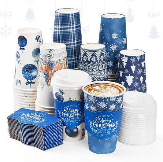 72 Set Christmas Disposable Coffee Cups with Lids and Sleeves Snowflake Reindeer Paper Drinking To Go Cups for Winter Holiday Christmas Party Coffee Bar Decor Business Supplies (Blue)