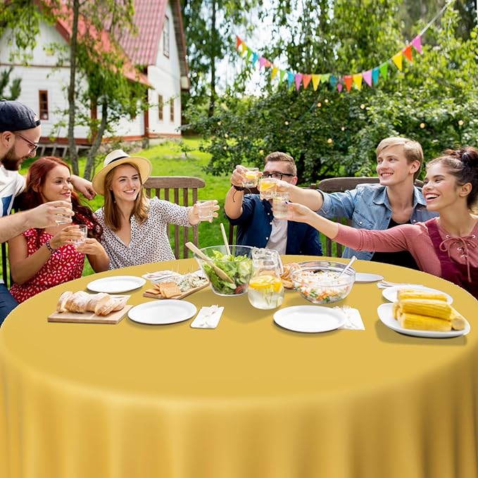 MASHAN 12 Pcs Black and Gold Plastic Tablecloths Bulk,84 Inch Disposable Round Party Table Cloth Waterproof Table Cover for Birthday Wedding Anniversary Graduation Party Decorations Supplies