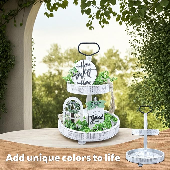 2-Tiered Round Wooden Tray Stand, Rustic Farmhouse Tiered Serving Tray for Home Decor Kitchen & Coffee Bar Centerpiece, Vintage White Wood 2-Tier Display Stand for Desserts, Cupcakes and More (White)