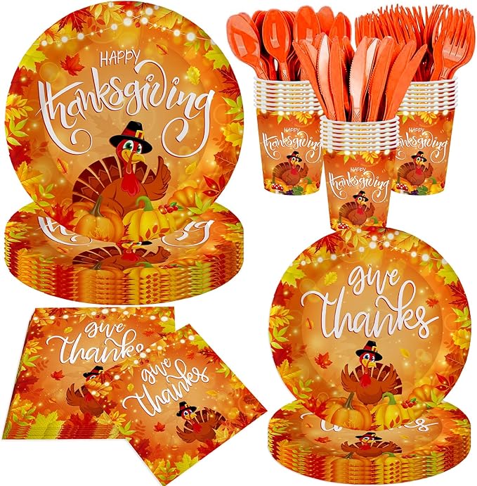 140Pcs, Thanksgiving Day Party Supplies Plates and Napkins Happy Thanksgiving Decorations Tableware Set Fall Birthday Decorations Give Thanks Turkey Paper Plates, Serve for 20