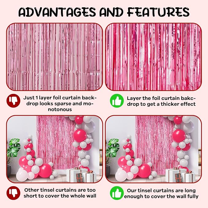 2 Pack Pink Tinsel Foil Fringe Curtains, Pink Party Decorations, Metallic Tinsel Party Streamers Backdrop for Birthday Baby Shower Graduation Wedding Bachelorette Party Decorations