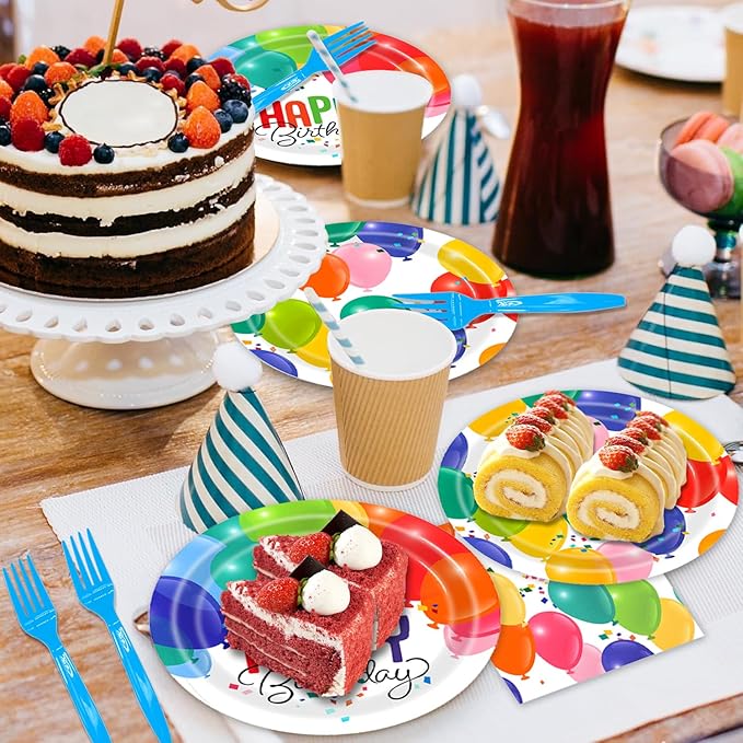 96Pcs Happy Birthday Party Supplies Tableware Set Rainbow Polka Dot Plates Napkins Forks Serves 24 Guests Rainbow Confetti Balloons Birthday Party Decorations