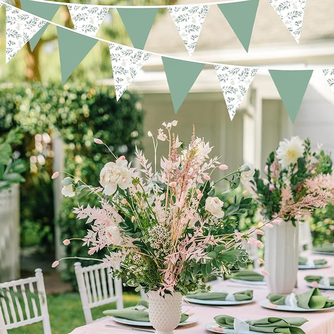32Ft Sage Green Leaves Party Decorations Green Leaves Triangle Flag Fabric Banner Pennant Bunting Garland Streamers for Birthday Wedding Baby Bridal Shower Jungle Safari Summer Spring Garden Decor