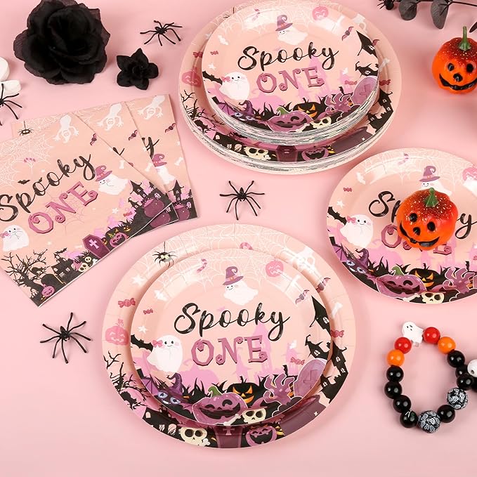 150Pcs Halloween Spooky One Birthday Decorations Pink Cute Halloween Plates and Napkins Pink Ghost Baby Shower Plates Disposable for Hallowen Girl 1st Birthday Party Supplies,Serves 50