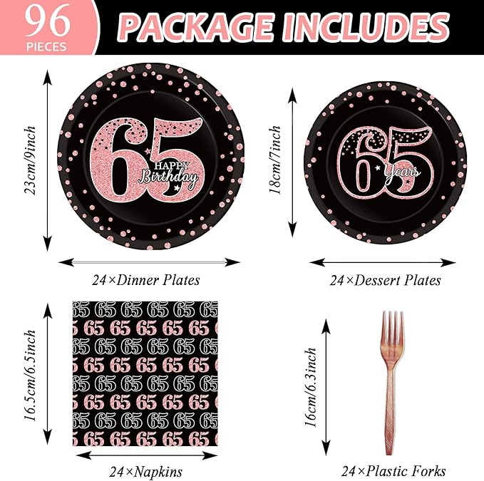 96 Pcs 65th Birthday Plates and Napkins Party Supplies Happy 65th Birthday Decorations Rose Gold and Black 65 Years Old Tableware Set for Women Men Party Favors for 24 Guests