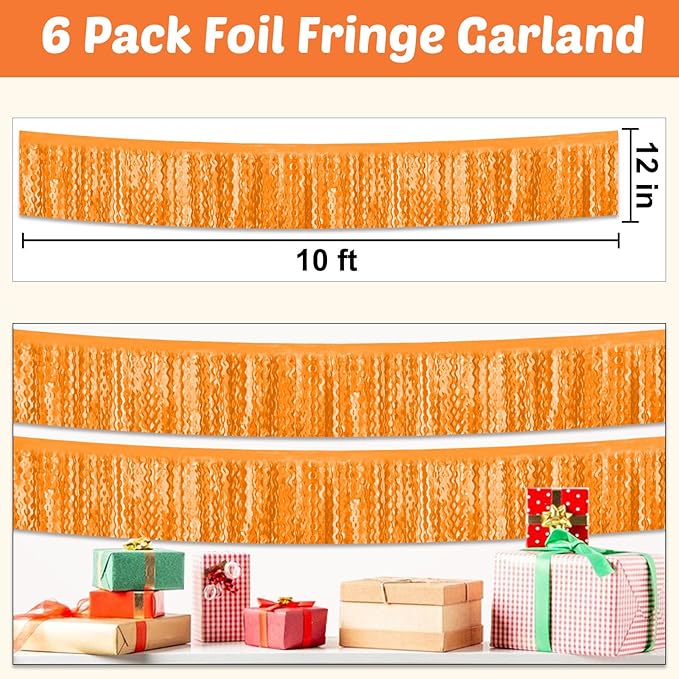 6 Pack 10 Feet Macaron Orange Wave Foil Fringe Garland Metallic Tinsel Streamers Banner Wall Hanging Curtain Backdrop for Parade Floats, Mother's Day, Easter, Wedding, Birthday Party Decoration