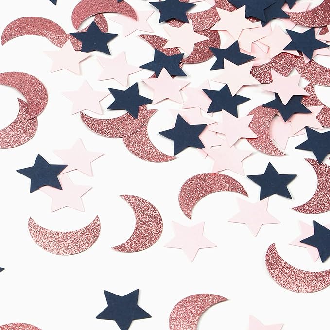 Navy-Blue Pink Rose-Gold Moon-Star Confetti - 300pcs Glitter Twinkle Little Star Table Confetti Eid Ramadan Mubarak Decoration Gender Reveal Birthday Wedding Baby Shower Party Decor Lasting Surprise