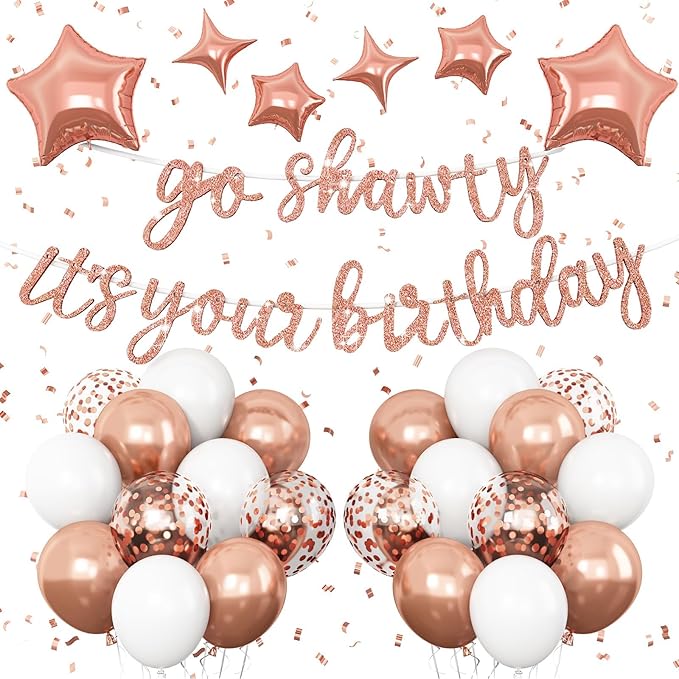 Rose Gold Go Shawty It's Your Birthday Banner Balloons Set, Glitter Happy Birthday Banner with Rose Gold Confetti Balloon Star Foil Balloon for Girls Women Hip Hop Rap Theme Birthday Party Decorations