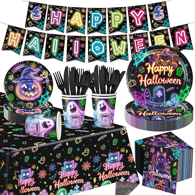 170 Pcs Halloween Birthday Party Decorations Set , Halloween Party Decorations Including Plates, Dessert Plates, Cups, Napkins, Spoons, Forks, Knives, Pull Tabs and Tablecloth Serves 24