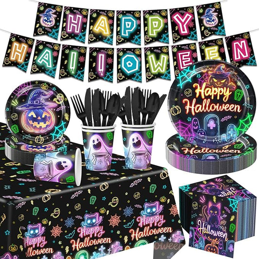 170 Pcs Halloween Birthday Party Decorations Set , Halloween Party Decorations Including Plates, Dessert Plates, Cups, Napkins, Spoons, Forks, Knives, Pull Tabs and Tablecloth Serves 24