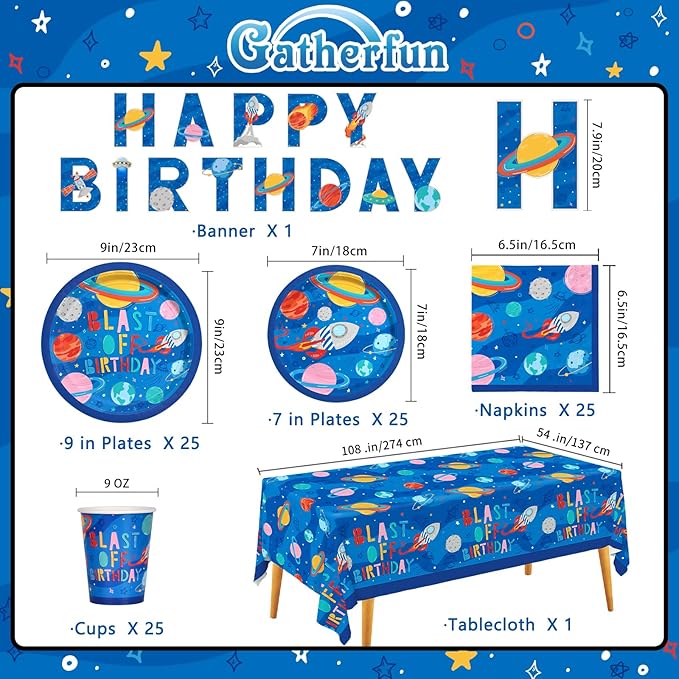 Outer Space Party Supplies - Solar System Planet-Themed Disposable Paper Plates, Napkins, Cups, Tablecloth, and Banner: Ideal Galaxy Space Birthday Decorations for Party of 25