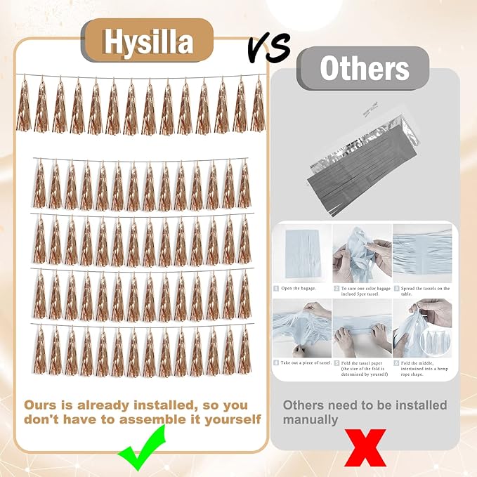 3P Champagne Gold Foil Fringe Metallic Tassel Streamers Banner Tassel Garland for Parade Floats, Bachelorette, Wedding, Birthday, Halloween, Christmas, Bridal/Baby Shower Party Decorations