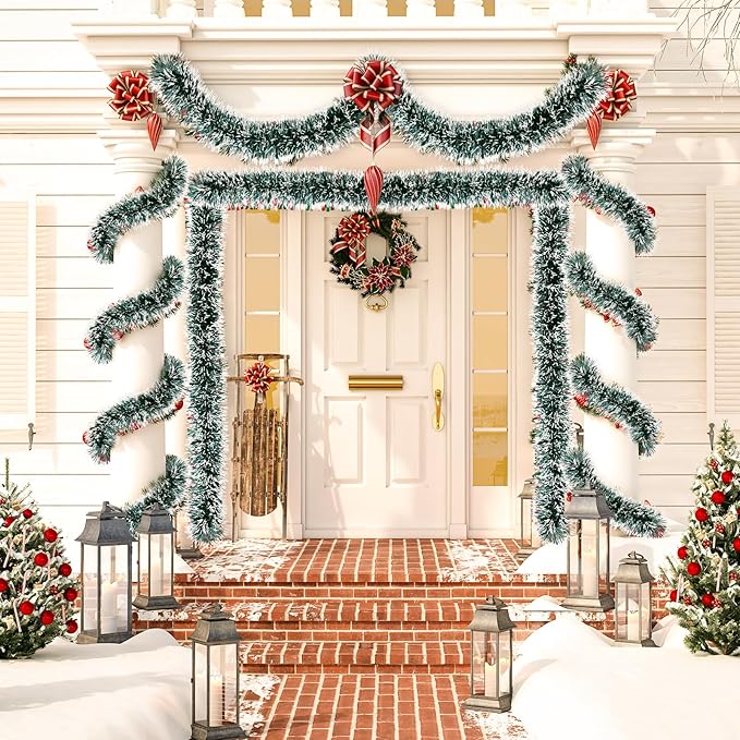 50Ft Christmas Tinsel Garland, Dark Green Snowflake Metallic Twist Garland for Xmas Tree Decorations, Tinsel for New Year Party Ceiling Hanging Decorations Indoor and Outdoor Decor