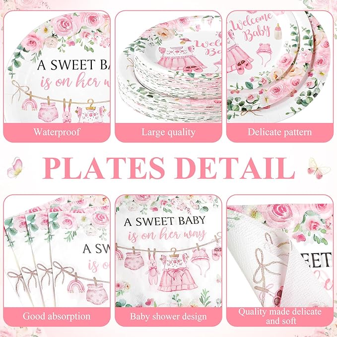 Pickmesh 400 Pcs Floral Baby Shower Party Decoration Include A Sweet Baby ls on Her Way Disposable Plates It's a Girl Napkins Cup Cutlery Pink Floral Sweet Girl Tableware Set Party Supplies Serve 50