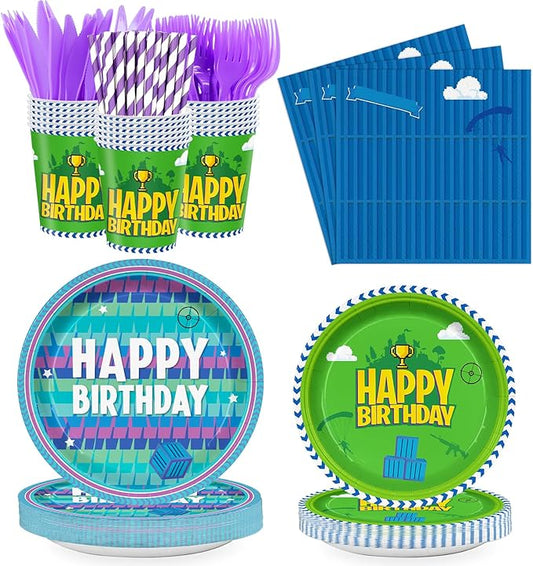 Video Games Party Tableware Supplies，Including Paper Plates Napkins Cups Forks Knives and Straw Video Games Theme Party Birthday Decorations Serve 24 Guests