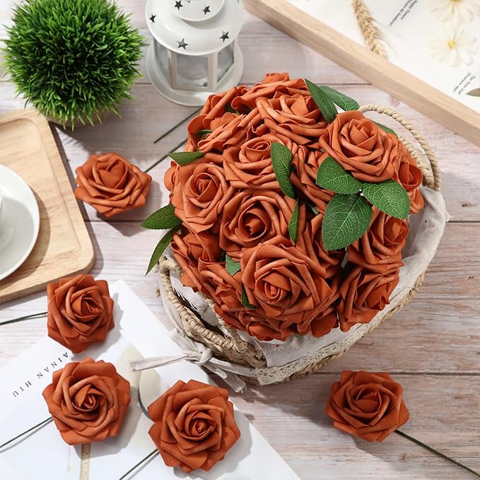 100 Pieces Artificial Foam Rose Flowers Faux Bouquet with Leaves and Stems for DIY Wedding Bouquets Centerpieces Bridal Shower Party Valentine Home Decorations(Orange)